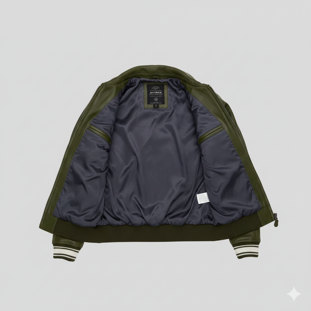 Avirex Green Leather Varsity Jacket Men Aviator Style Outerwear