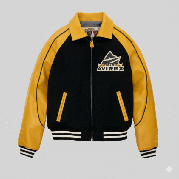 Avirex Varsity Leather Jacket Yellow and Black Bomber Style