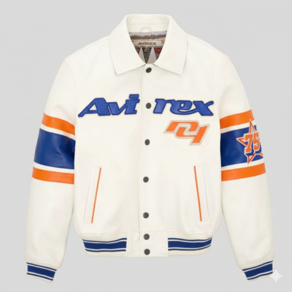 Avirex New York USA Off White Leather Varsity Bomber Jacket