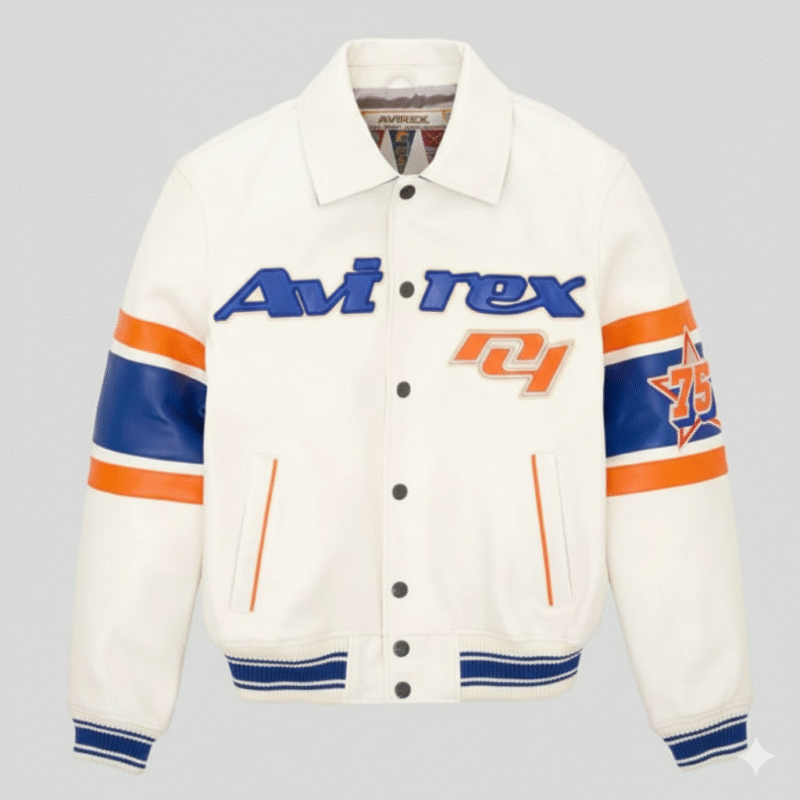 Avirex New York USA Off White Leather Varsity Bomber Jacket