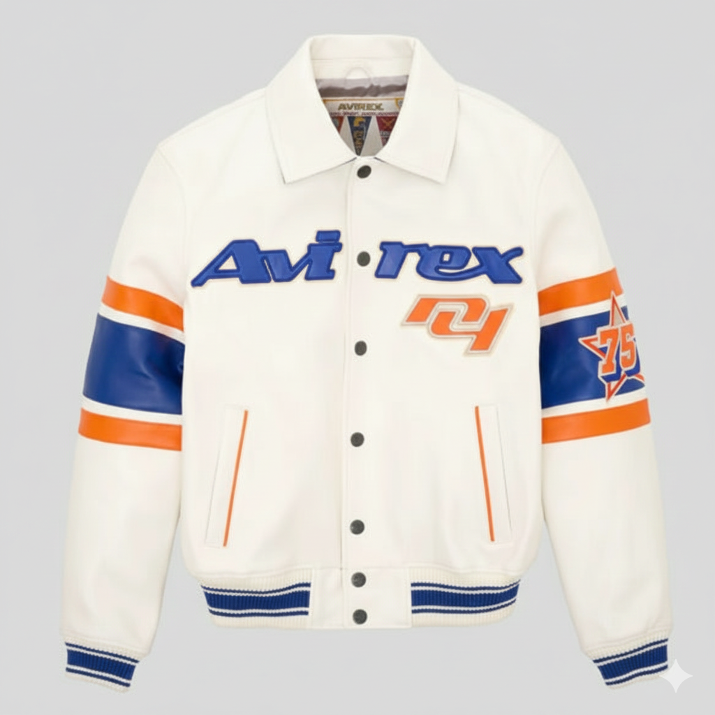 Avirex New York USA Off White Leather Varsity Bomber Jacket