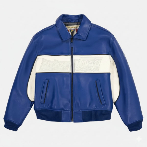 Avirex Blue White Leather Bomber Jacket Premium Casual Outfit
