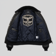 Mens Black Aviator Jacket with Patches and Black Faux Fur Collar