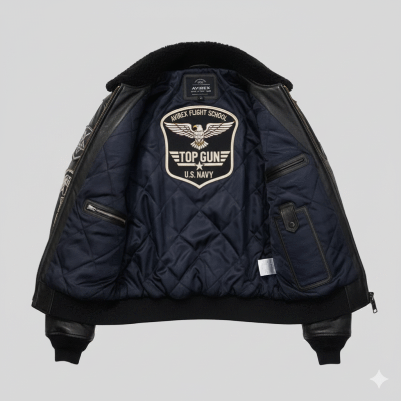 Mens Black Aviator Jacket with Patches and Black Faux Fur Collar