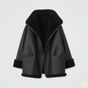 Black Shearling Leather Jacket Oversized Women Aviator Coat