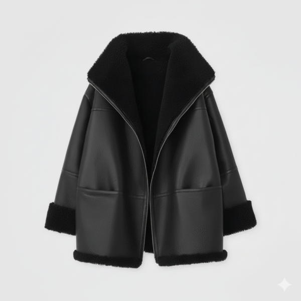 Black Shearling Leather Jacket Oversized Women Aviator Coat