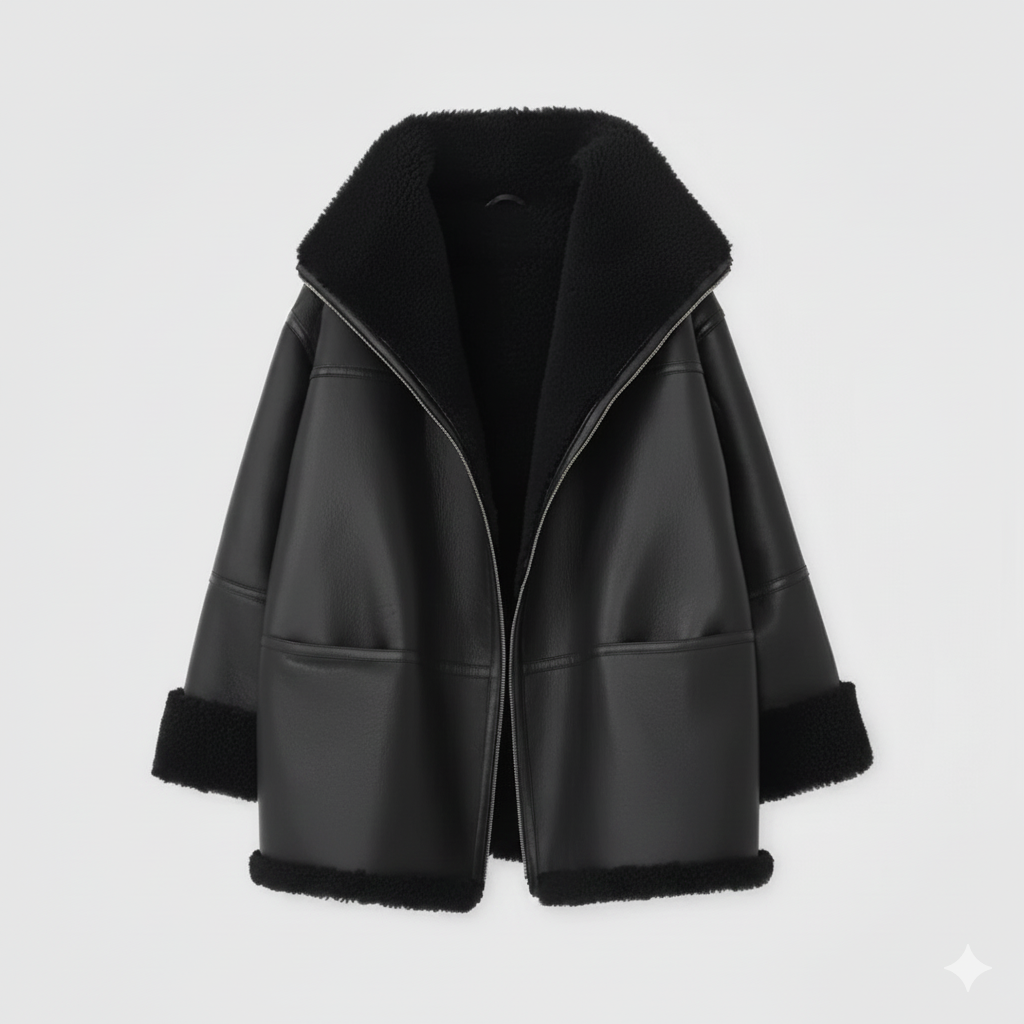 Black Shearling Leather Jacket Oversized Women Aviator Coat