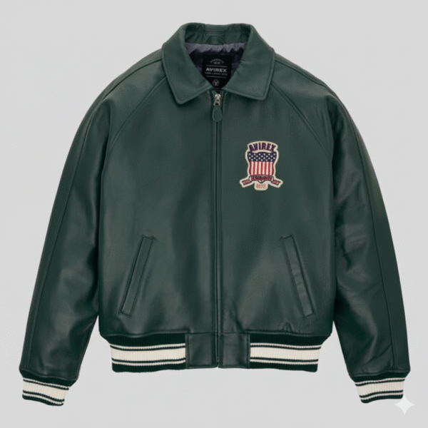 Avirex Green Leather Jacket Varsity Style Men’s Outerwear