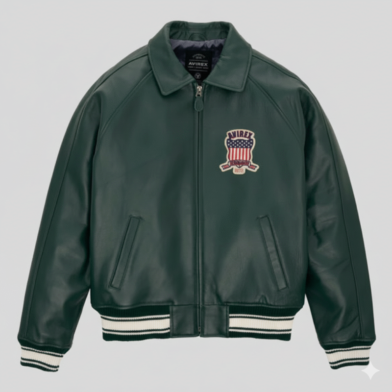Avirex Green Leather Jacket Varsity Style Men’s Outerwear