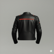 Black Leather Biker Jacket with Red Racing Stripes Moto Wear
