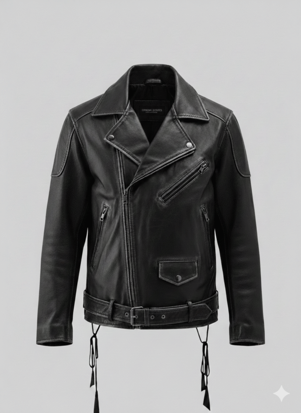 Black Mens Leather Biker Jacket Classic Slim Fit Moto Style