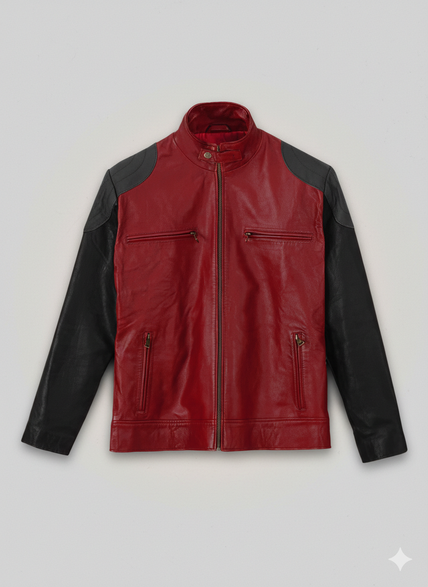 Akon Leather Jacket Men's Red Black Two Tone Biker Style