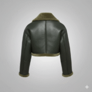 Olive Cropped Shearling Jacket Premium Leather Women Winter