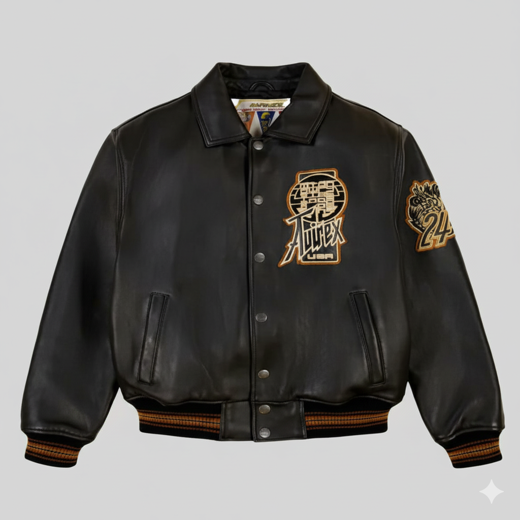 Avirex Leather Varsity Jacket Black Bomber Style Leather Coat