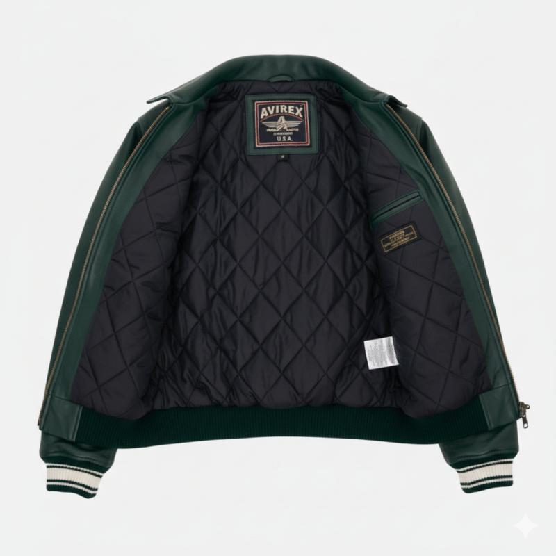 Avirex Green Leather Jacket Varsity Style Men’s Outerwear