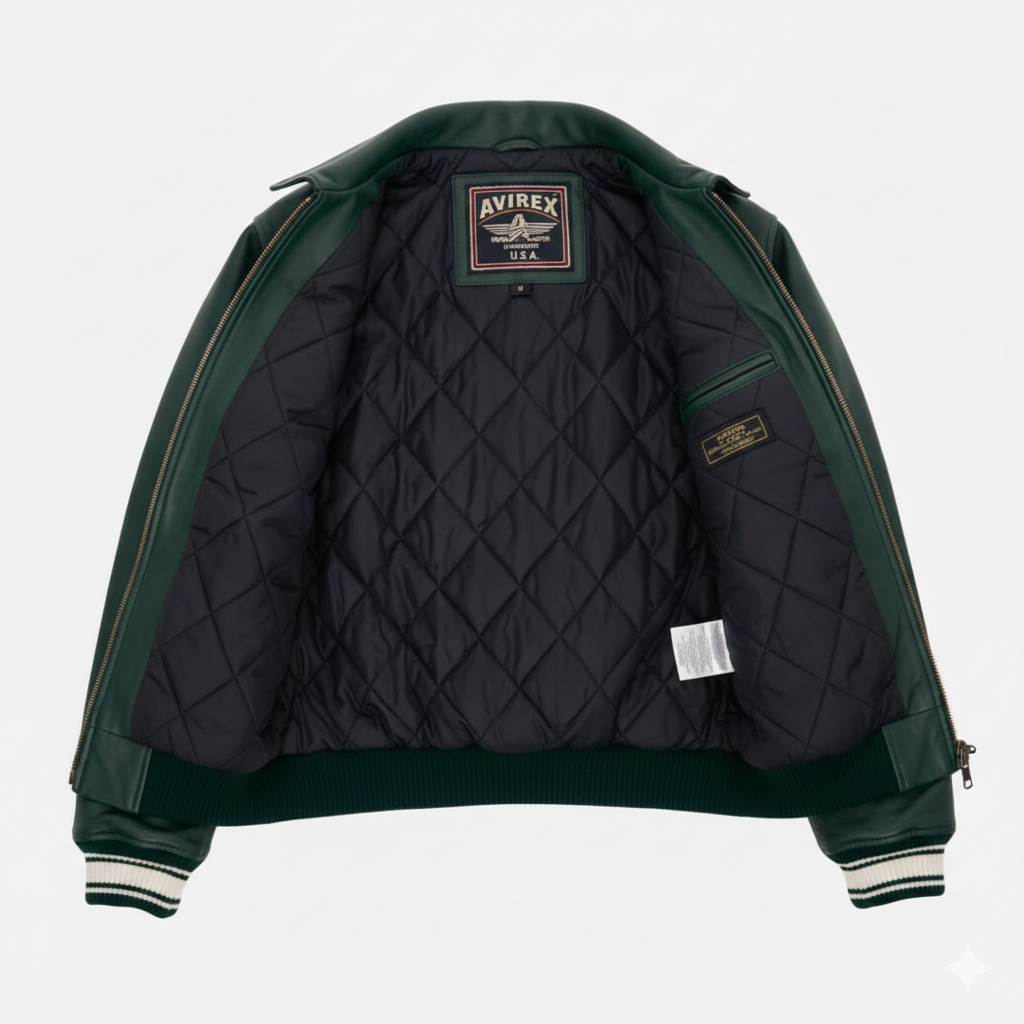 Avirex Green Leather Jacket Varsity Style Men’s Outerwear