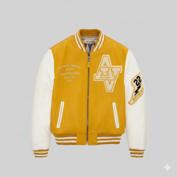 Avirex Mustard Leather Varsity Wool Bomber Jacket