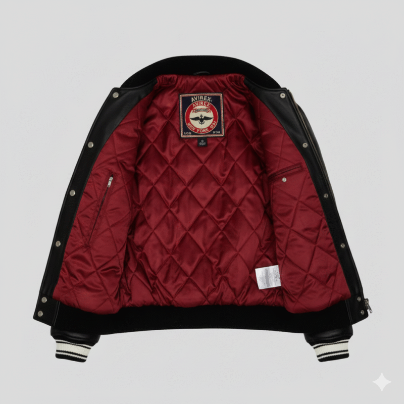 Avirex Black Leather Varsity Bomber Jacket Premium Outerwear