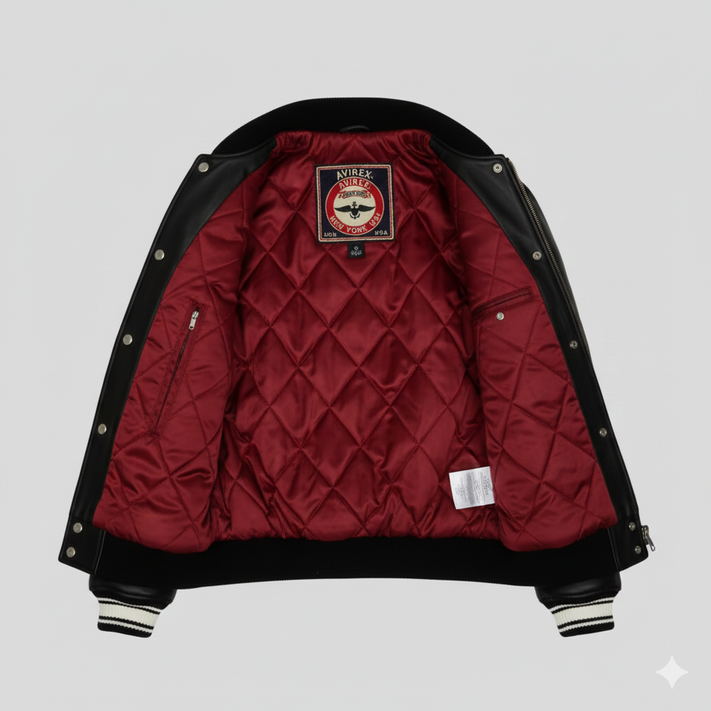 Avirex Black Leather Varsity Bomber Jacket Premium Outerwear