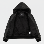 Avirex Black Leather Hoodie Urban Streetwear Sheepskin Jacket