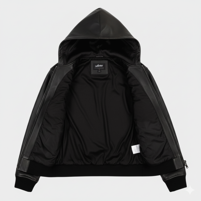 Avirex Black Leather Hoodie Urban Streetwear Sheepskin Jacket