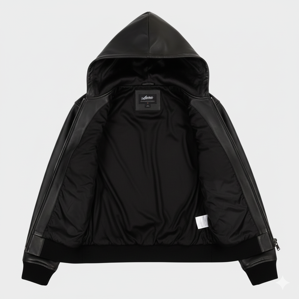 Avirex Black Leather Hoodie Urban Streetwear Sheepskin Jacket