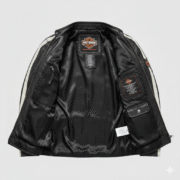 Black Leather Biker Jacket with White Racing Stripes and Patches