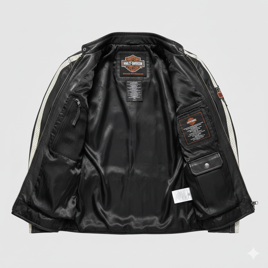 Black Leather Biker Jacket with White Racing Stripes and Patches