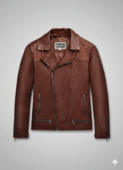 Mens Brown Leather Biker Jacket with Quilted Shoulder Detail