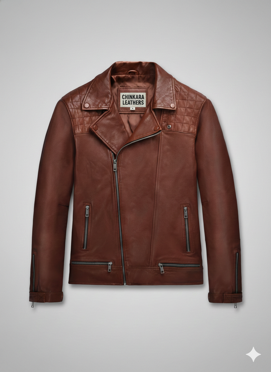 Mens Brown Leather Biker Jacket with Quilted Shoulder Detail