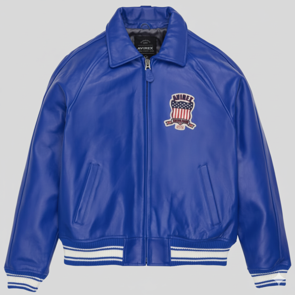 Blue Leather Varsity Jacket Avirex Style Premium Bomber Fit
