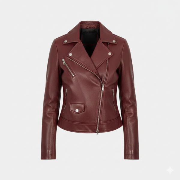 Burgundy Leather Biker Jacket Women Chic Slim Fit Genuine Skin