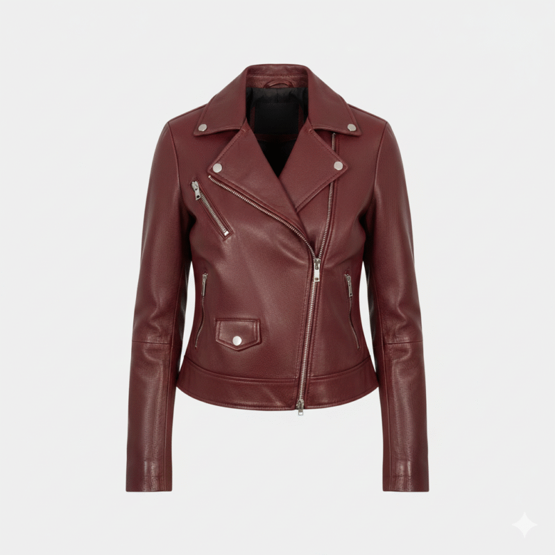 Burgundy Leather Biker Jacket Women Chic Slim Fit Genuine Skin