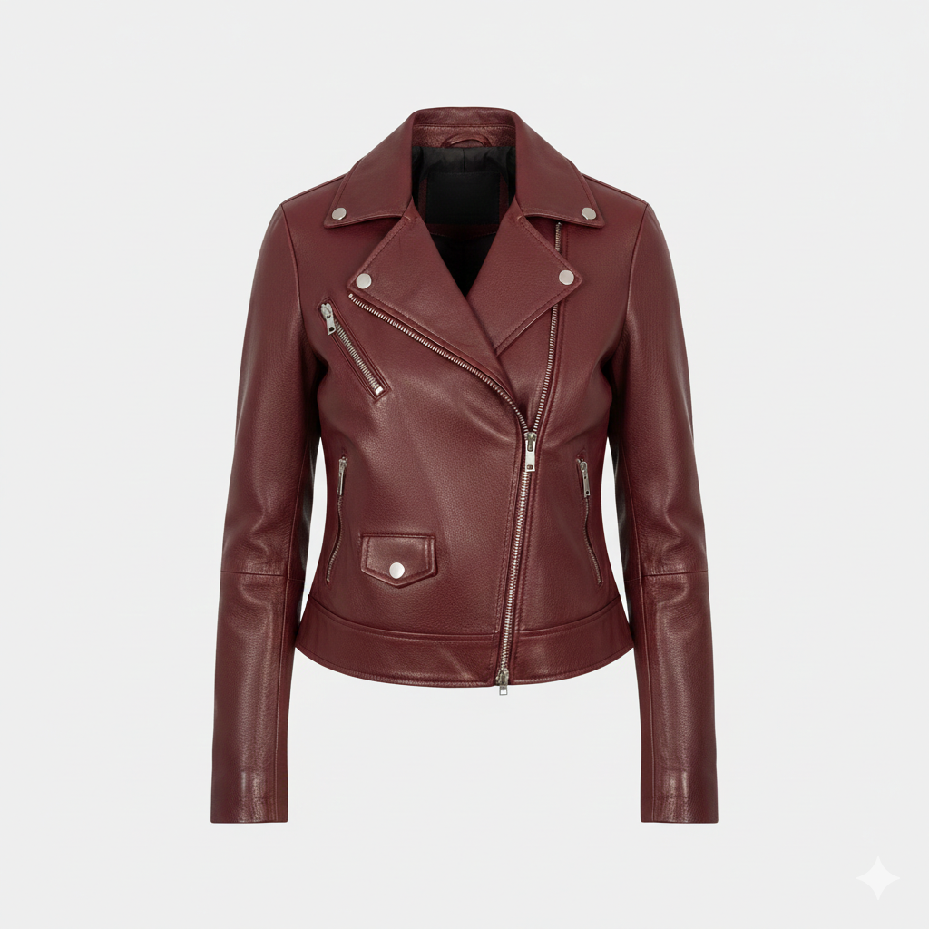 Burgundy Leather Biker Jacket Women Chic Slim Fit Genuine Skin