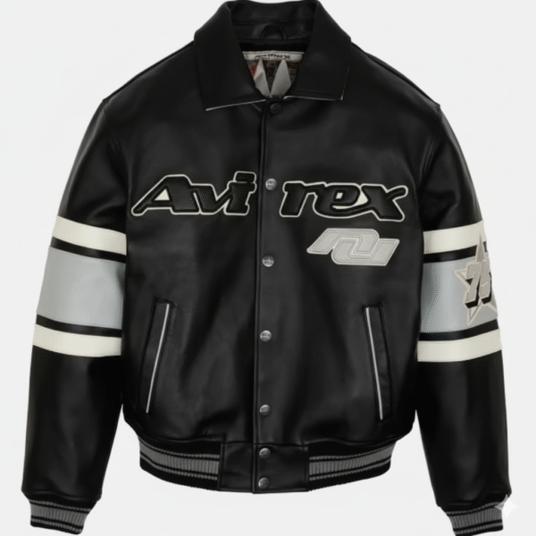 Authentic varsity design with bold Avi-rex embroidery. Made from high-quality black leather with stylish grey accents. Comfortable fit suitable for casual and semi-formal wear. Durable construction designed to withstand daily use.