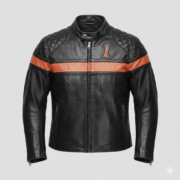 Harley Davidson Black Leather Biker Jacket Orange Racing Stripe