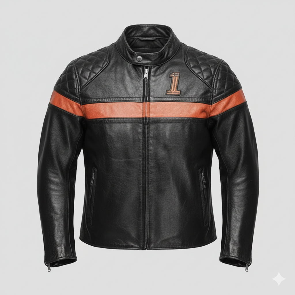 Harley Davidson Black Leather Biker Jacket Orange Racing Stripe