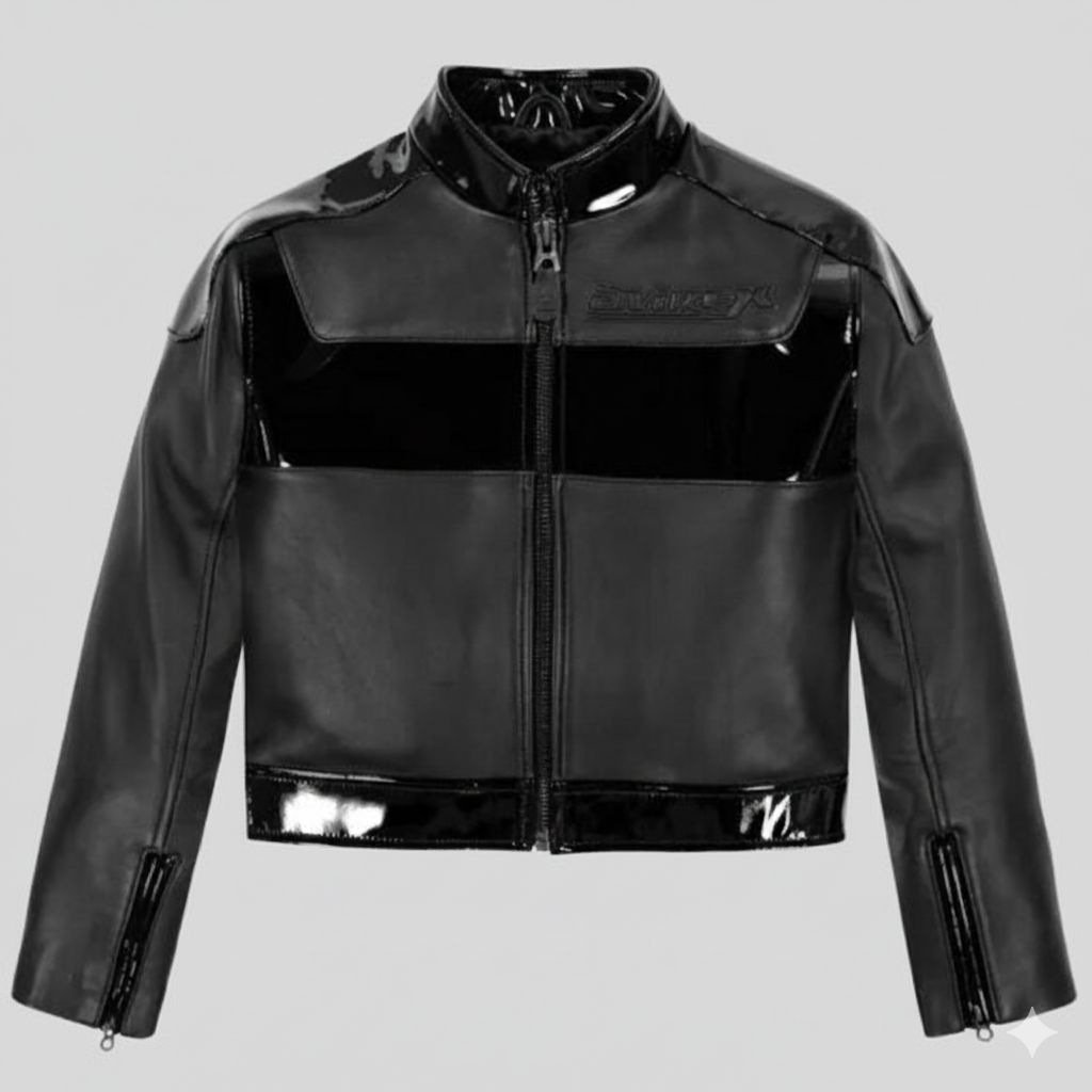 Women’s Black Leather Biker Jacket Matte Glossy Contrast