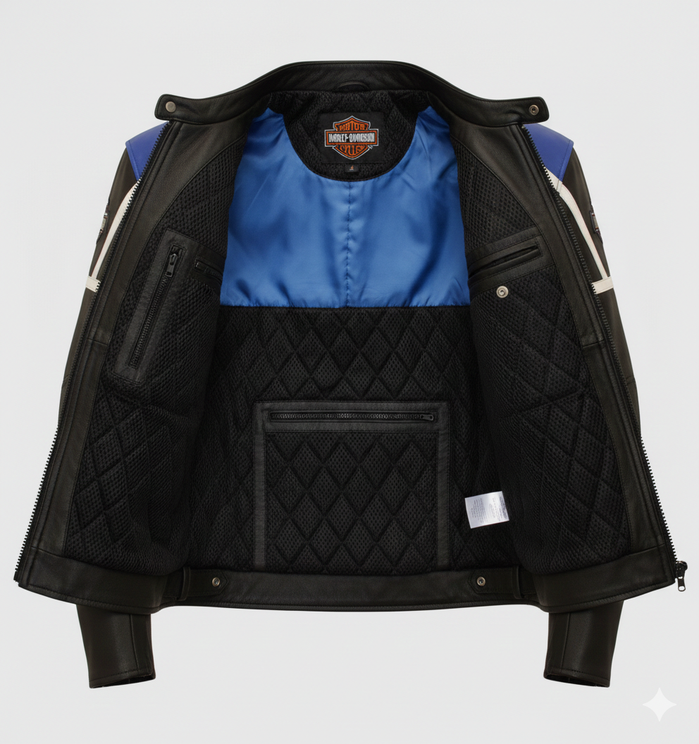 Harley Davidson Leather Jacket Men Biker Riding Black Blue Coat