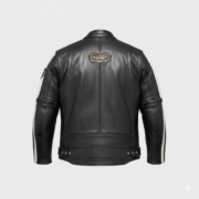 Black Leather Biker Jacket with White Racing Stripes and Patches