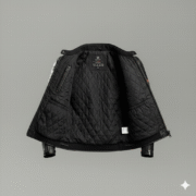 Black Leather Biker Jacket with Red Racing Stripes Moto Wear