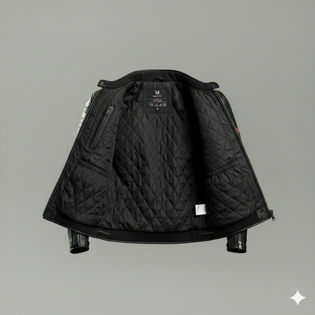 Black Leather Biker Jacket with Red Racing Stripes Moto Wear