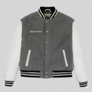 Grey Varsity Bomber Jacket Premium Wool and Leather Sleeves