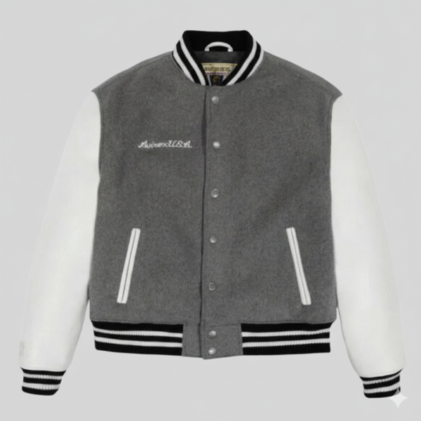 Grey Varsity Bomber Jacket Premium Wool and Leather Sleeves