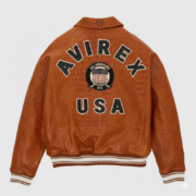 Avirex USA Leather Jacket Brown Varsity Bomber Croc Emboss