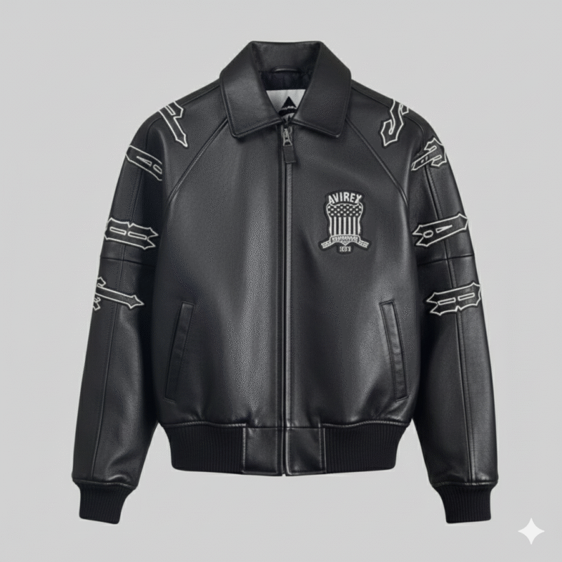 Avirex Black Leather Varsity Jacket Trapstar London Edition Style
