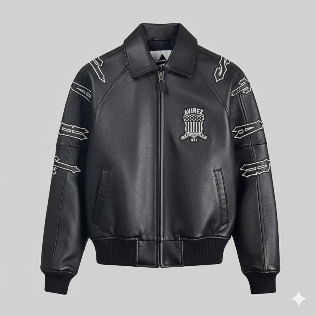 Avirex Black Leather Varsity Jacket Trapstar London Edition Style