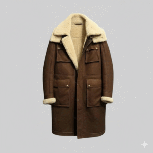 Men’s Brown Long Shearling Leather Hooded Parka Coat