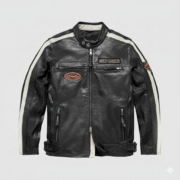 Black Leather Biker Jacket with White Racing Stripes and Patches