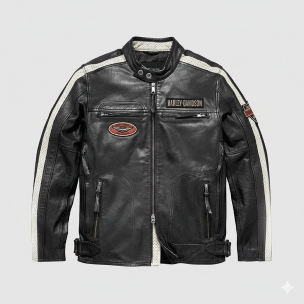 Black Leather Biker Jacket with White Racing Stripes and Patches